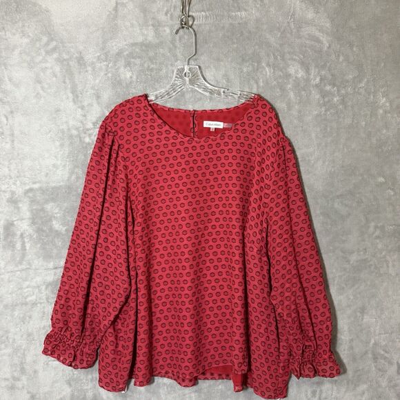 Calvin Klein Top 3X Plus Red Polka Dot Poet Sleeve Office Mature Holiday - Picture 2 of 10